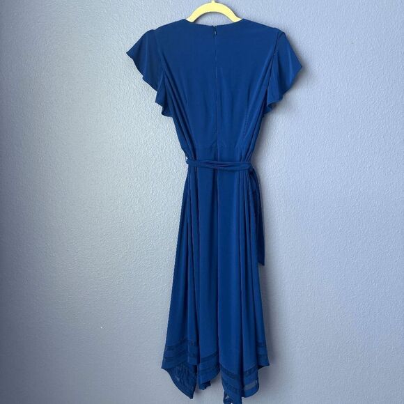 Women's Jessica Howard Dress Midi Tie Around Waist High Neck Short Sleeve Blue - Picture 2 of 9